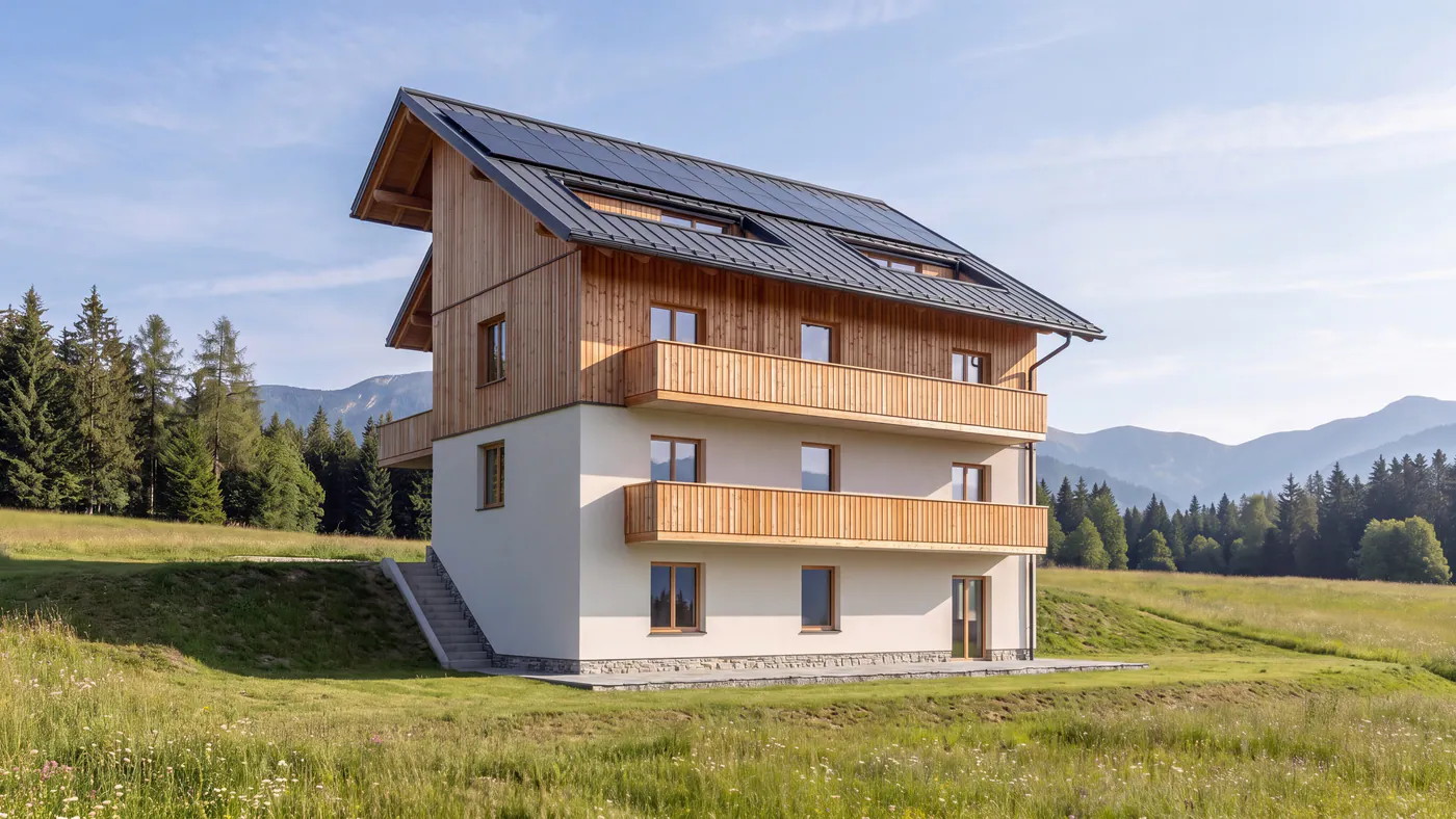 Prato Lerpa seen from the meadow on a summer morning: four levels, two long timber balconies facing south, two terraces set into the roof and the band of solar panels. AI-generated illustration.