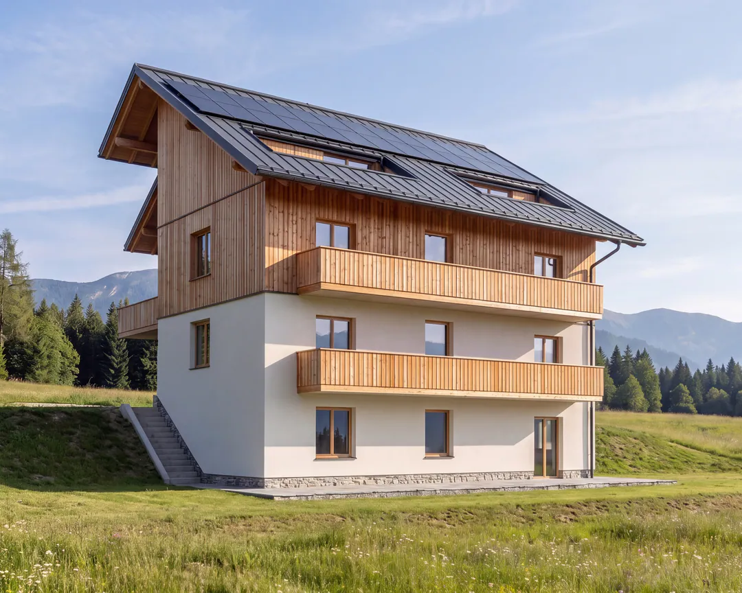 Prato Lerpa seen from the meadow on a summer morning: four levels, two long timber balconies facing south, two terraces set into the roof and the band of solar panels. AI-generated illustration.