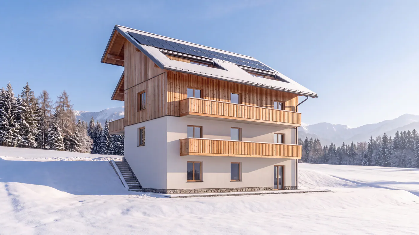 The same view of Prato Lerpa from the meadow, in winter: snow on the meadow, the forest and the roof, the solar panels clear. AI-generated illustration.