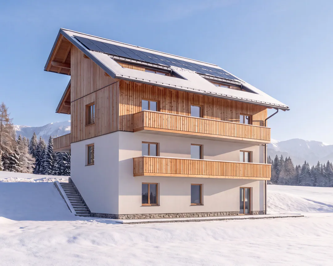The same view of Prato Lerpa from the meadow, in winter: snow on the meadow, the forest and the roof, the solar panels clear. AI-generated illustration.