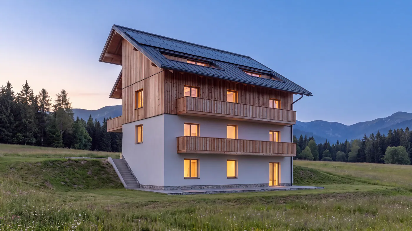 The same view of Prato Lerpa from the meadow, at dusk, with the windows lit. AI-generated illustration.