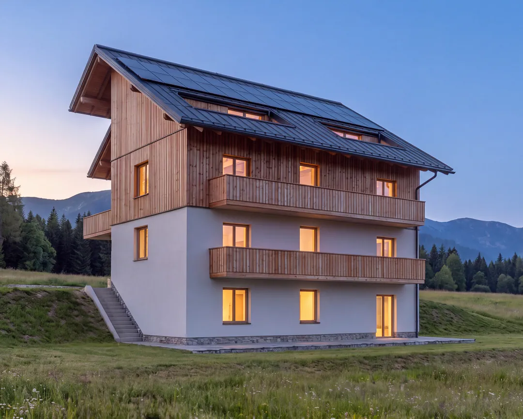 The same view of Prato Lerpa from the meadow, at dusk, with the windows lit. AI-generated illustration.