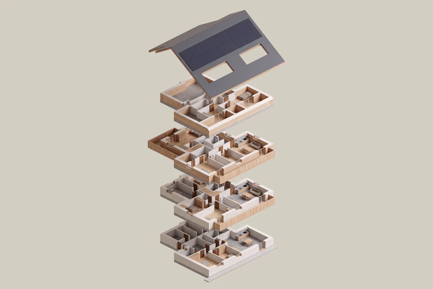The building as an exploded axonometric: the four floors pulled apart, from the lower ground floor to the attic, and above them the lifted pitched roof with the two terrace cut-outs and the photovoltaic field.