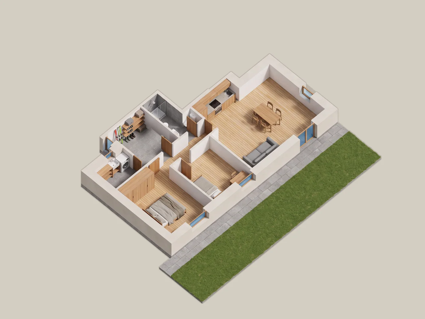 Axonometric cutaway of the lower-ground-floor apartment, seen from above with no ceiling: living room with kitchen, two bedrooms, bathroom, laundry and cellar room; in front, the paved strip and part of the lawn.