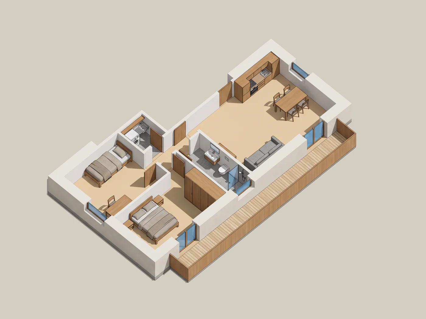 Axonometric cutaway of the ground-floor apartment on the meadow side: living room with kitchen, two bedrooms, bathroom and laundry; along the south front, the balcony.