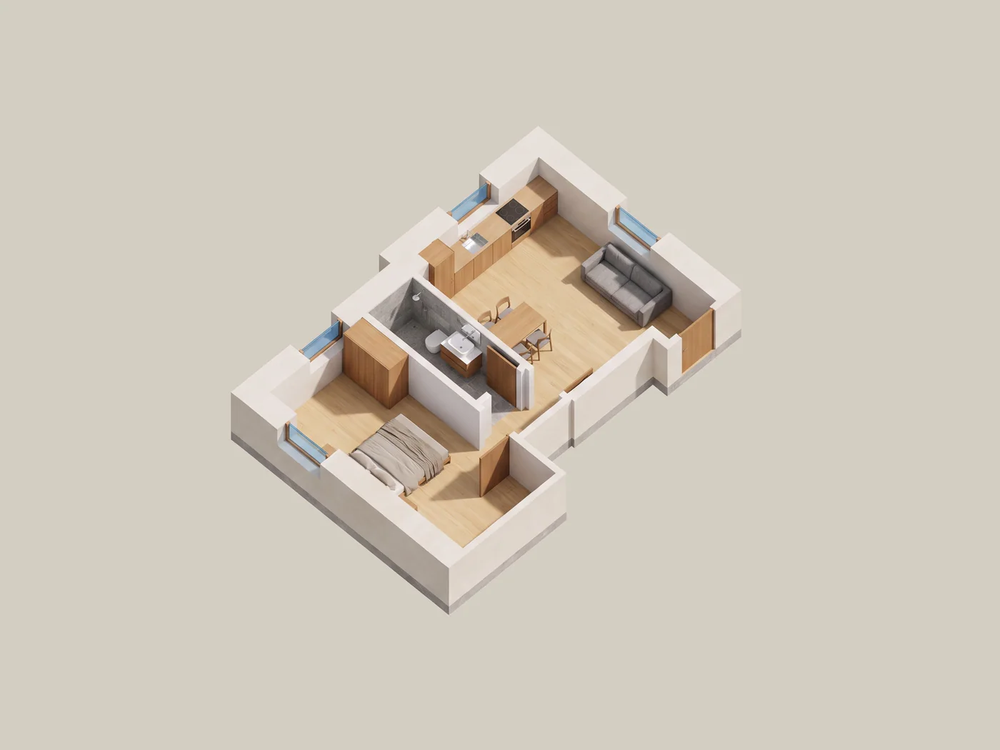 Axonometric cutaway of the one-bedroom apartment on the ground floor, street side: living room with kitchen, one bedroom and the bathroom; no outdoor space.