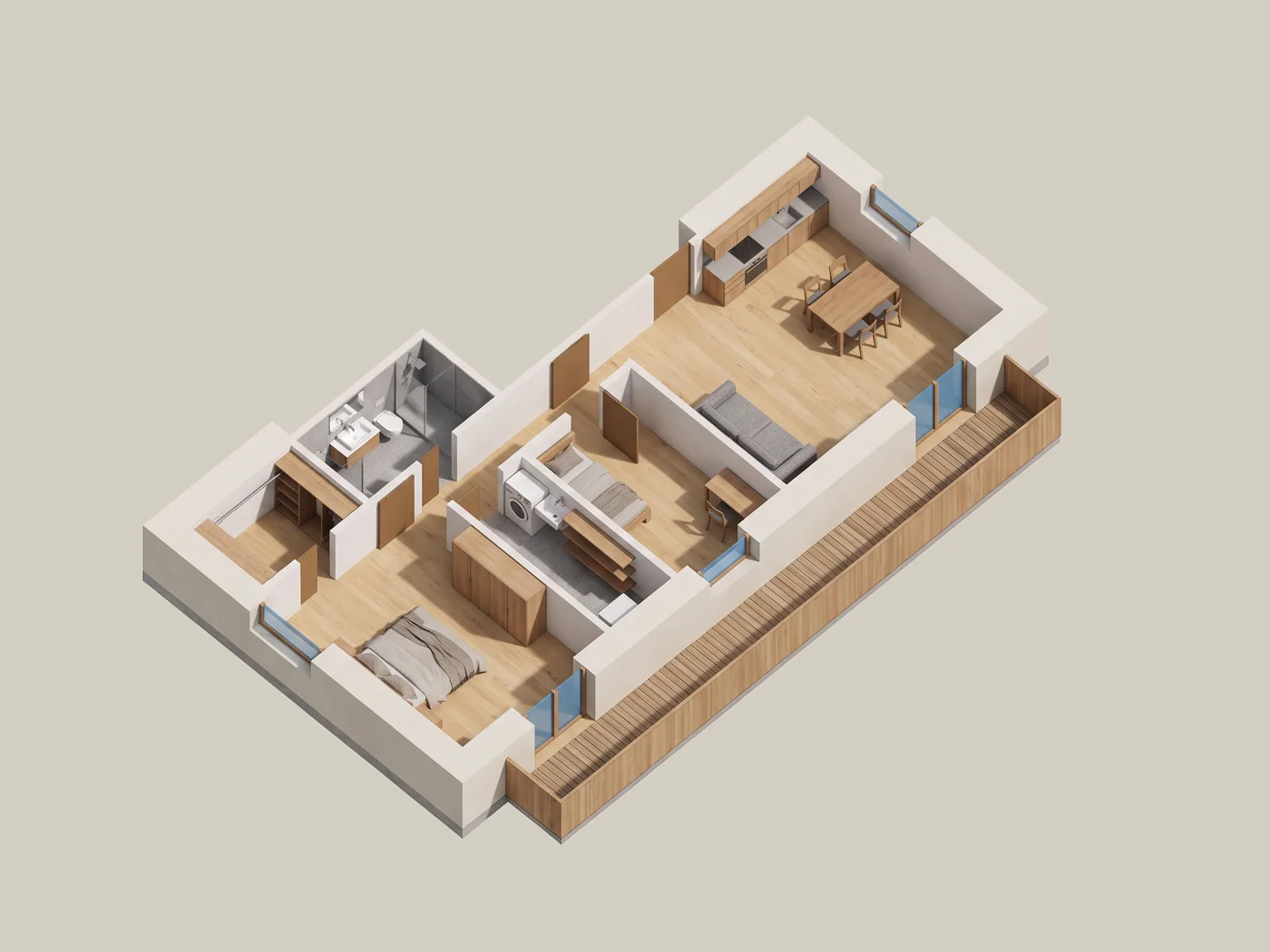 Axonometric cutaway of the first-floor apartment on the meadow side: living room with kitchen, two bedrooms, walk-in wardrobe, bathroom and laundry; along the south front, the balcony.