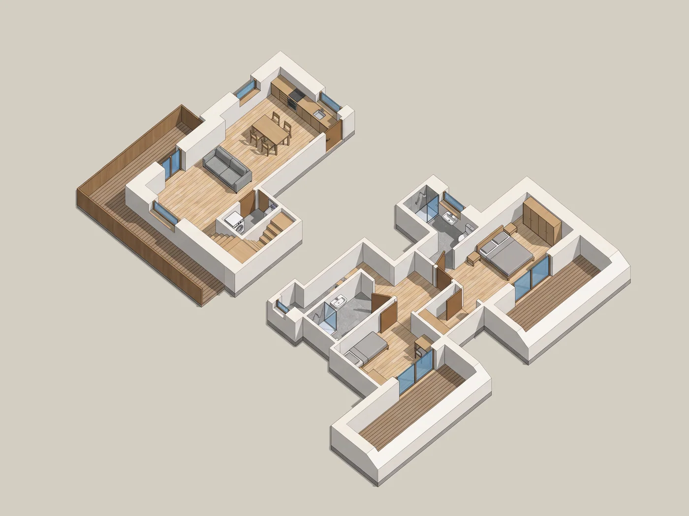 Axonometric cutaway of the duplex, its two levels shown side by side: on the left the living level with living room, kitchen, laundry, internal staircase and corner balcony; on the right the sleeping level under the roof with two bedrooms, two bathrooms and two terraces cut into the roof.