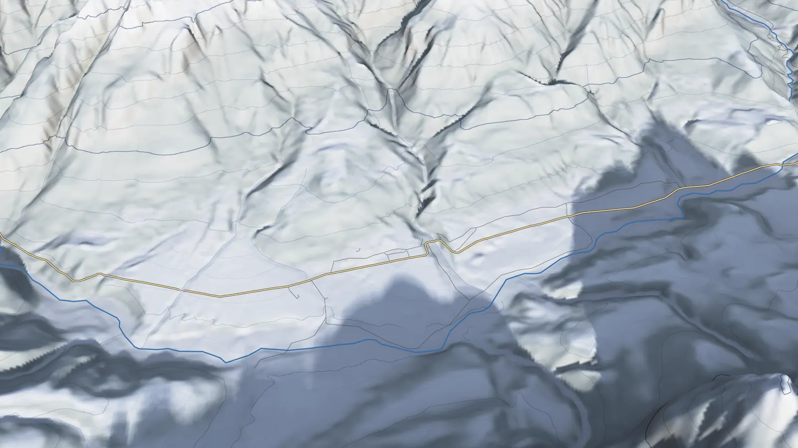 Three-dimensional relief of the Sappada valley seen from above Borgata Bach, with the shadow of the mountains on the chosen day and hour