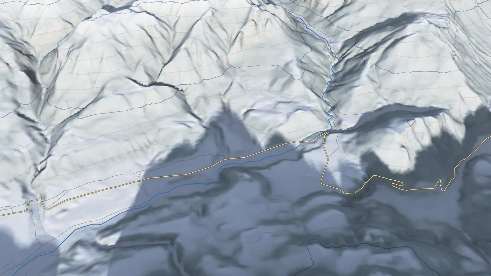 Relief of the Sappada basin around Cretta, with the mountains' shadows at midday on 21 December