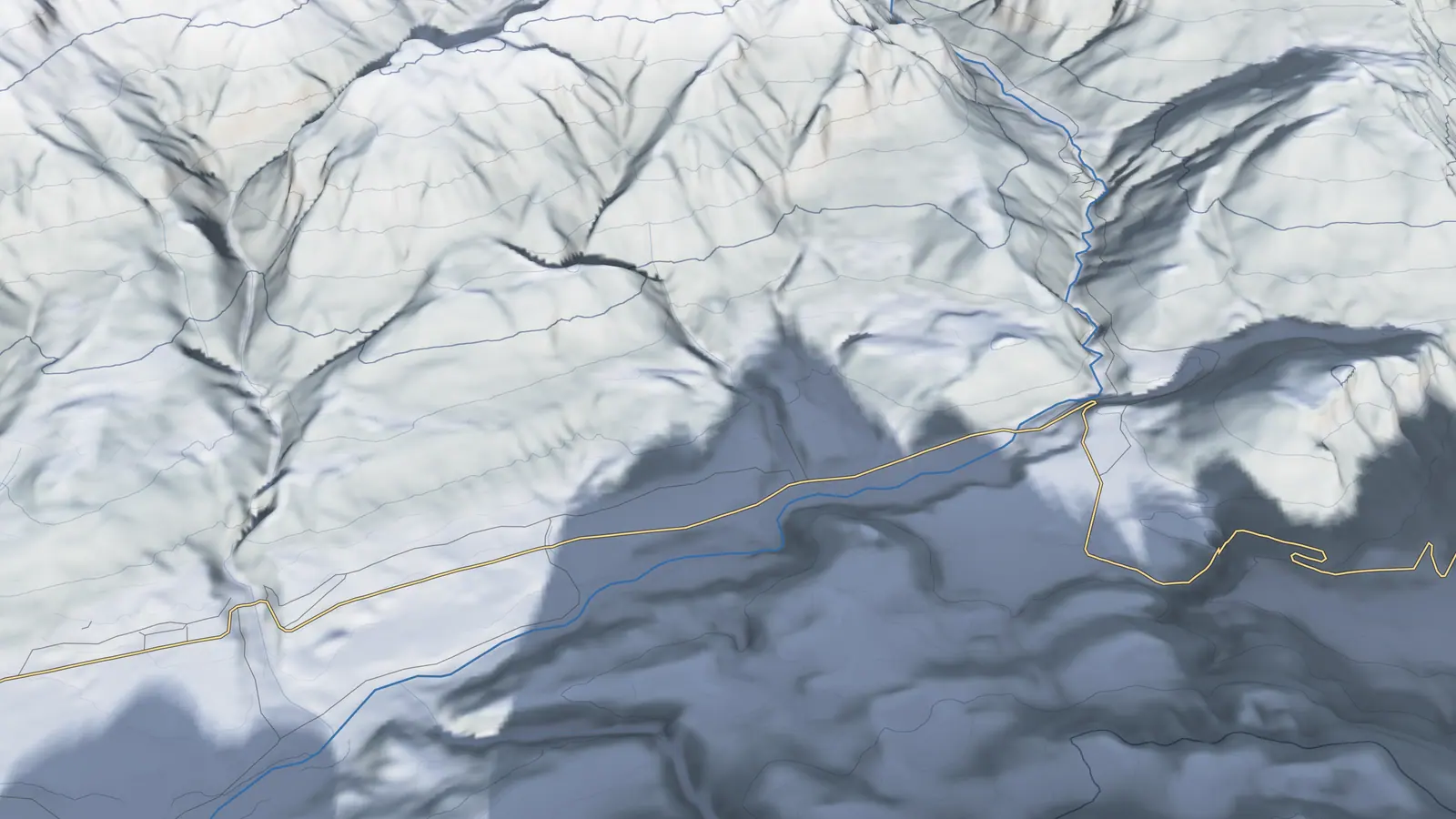 Relief des Talkessels von Sappada rund um Ecche, mit den Schatten der Berge am 21. Dezember mittags