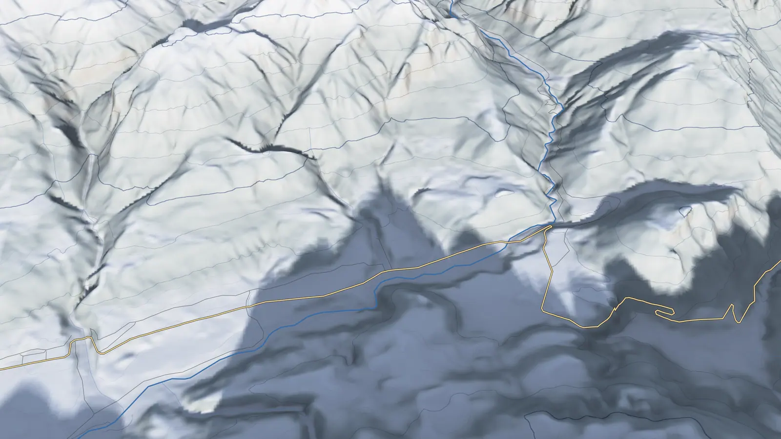 Relief of the Sappada basin around Puiche, with the mountains' shadows at midday on 21 December
