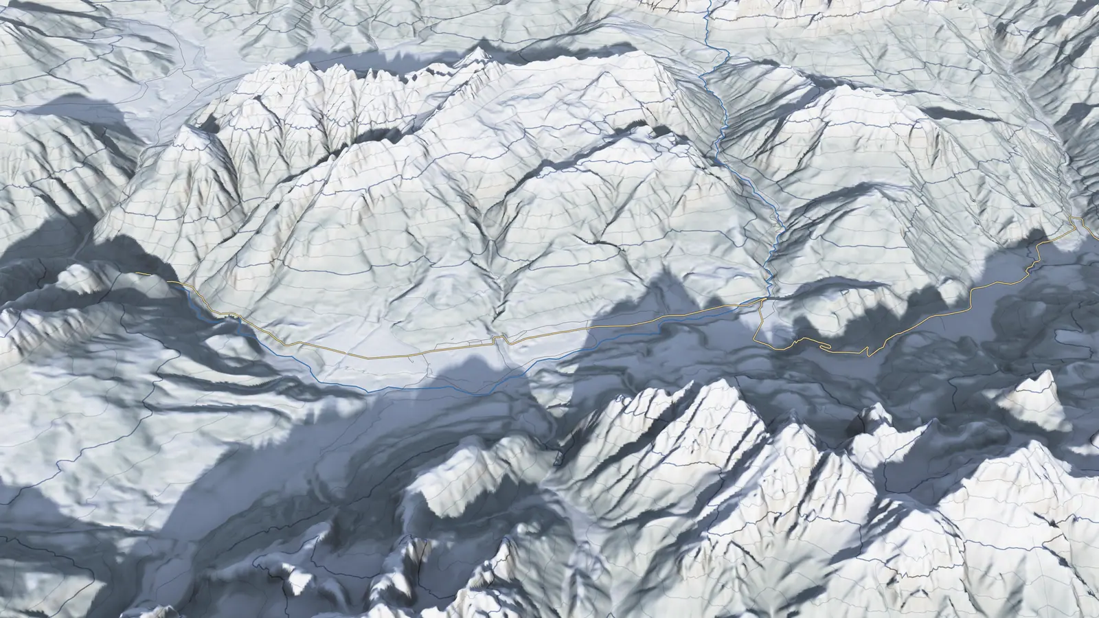Rilievo della conca di Sappada visto da sud, con le ombre delle montagne sulle borgate il 21 dicembre