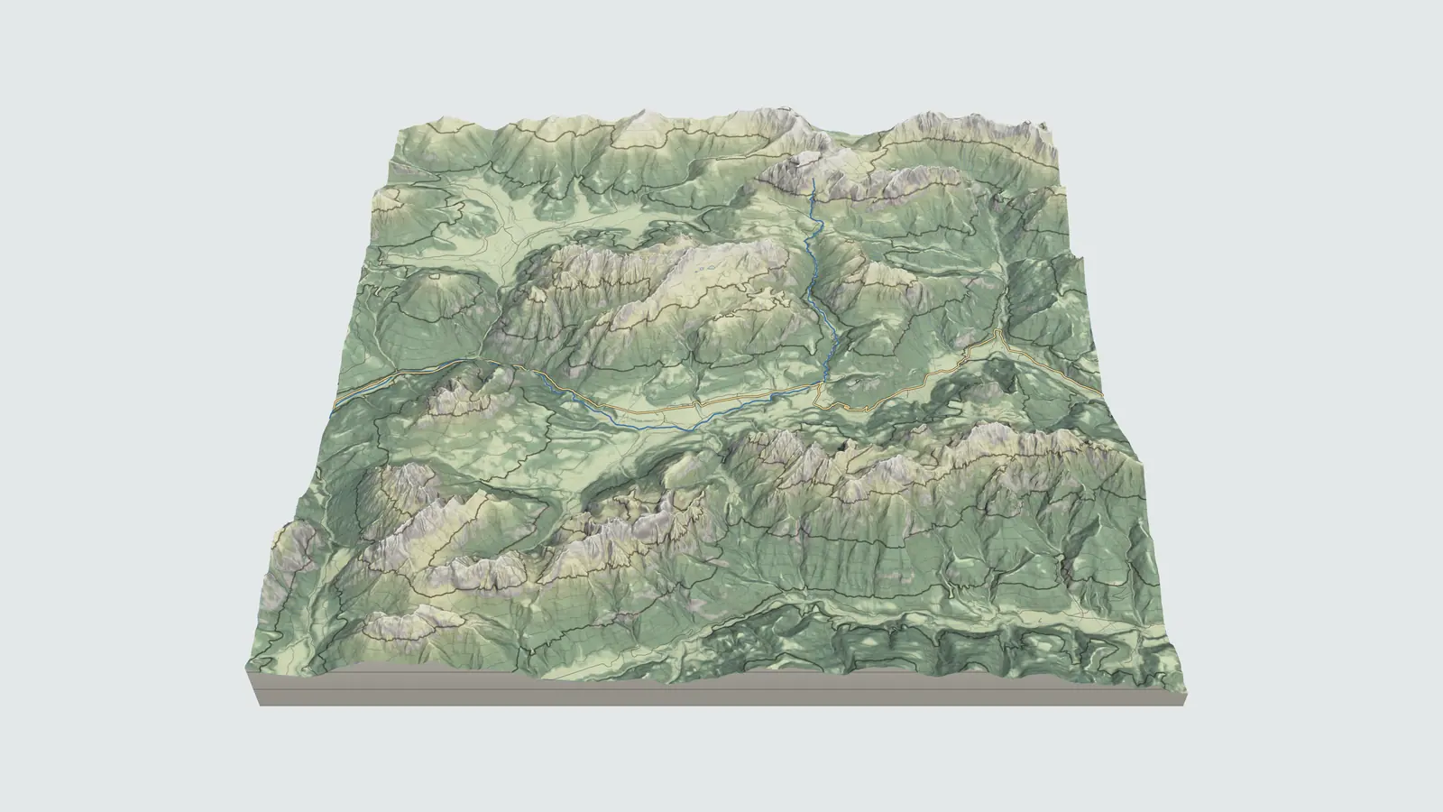 Relief model of the Sappada basin seen from the south, with the names of summits and hamlets